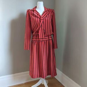 Vintage 70s Cora's Closet Midi Dress Red Stripe Secretary Size Petite Medium